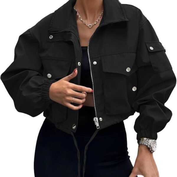 Cropped Cargo Bomber Jacket with Full Zip and Drawstring Hem