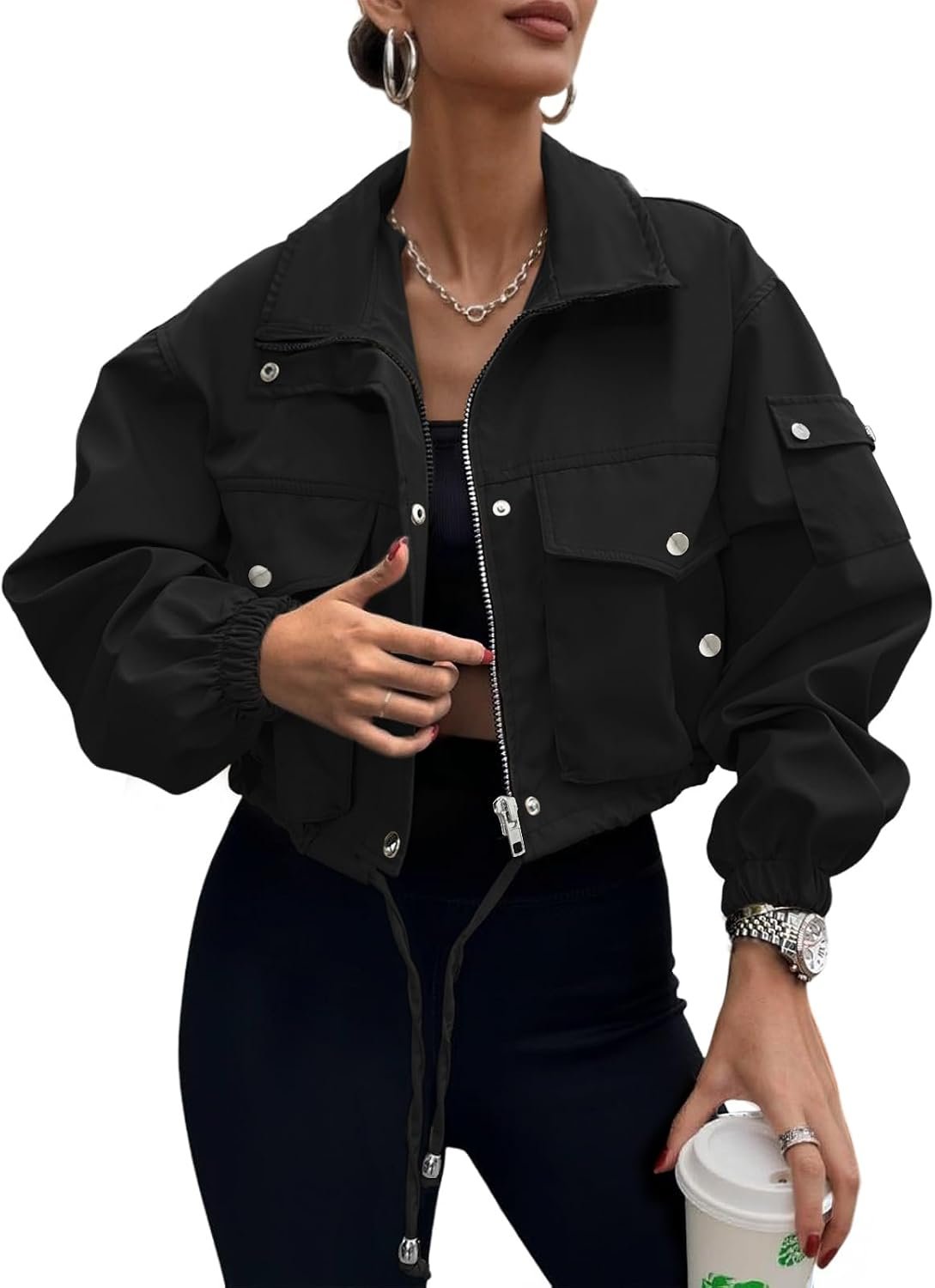 Cropped Cargo Bomber Jacket with Full Zip and Drawstring Hem