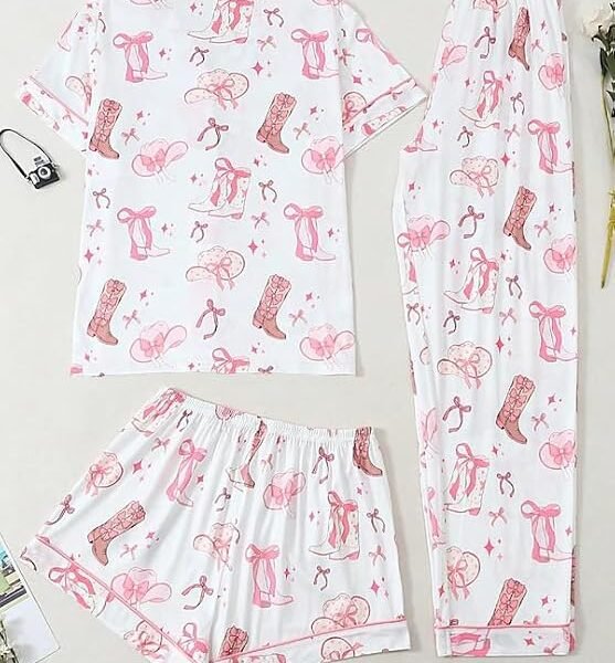 Women's Three Piece Western Print Button Down Pajama Set with Shorts and Pants