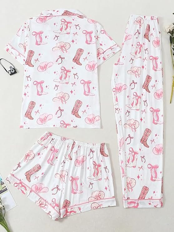 Women's Three Piece Western Print Button Down Pajama Set with Shorts and Pants