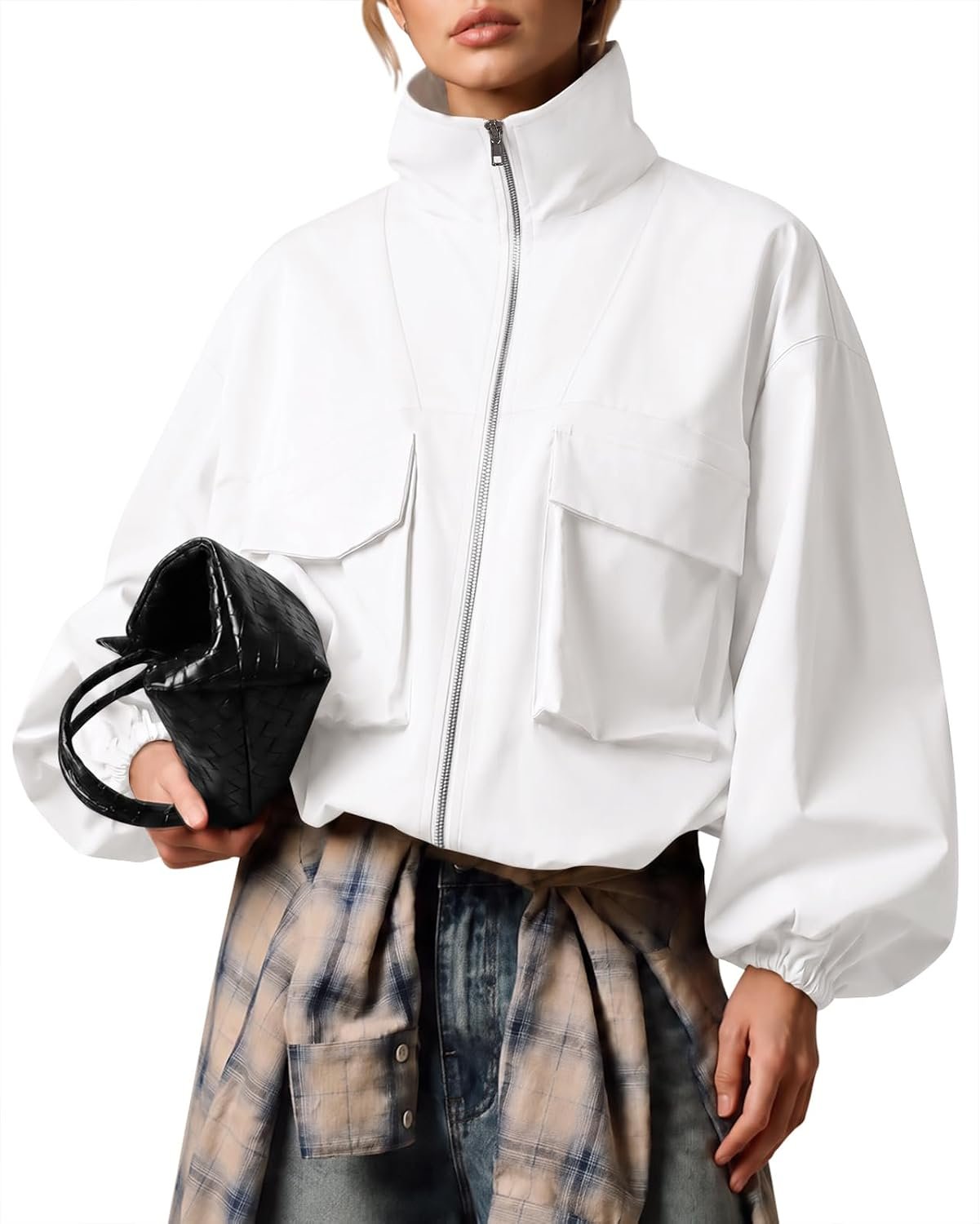 Oversized Utility Bomber Jacket with Chest Pockets