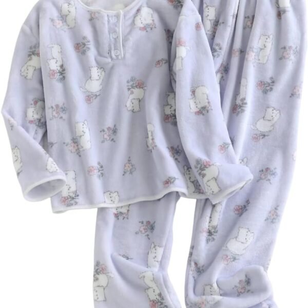 Women's Fleece Two Piece Pajama Set with Printed Sleepwear Top