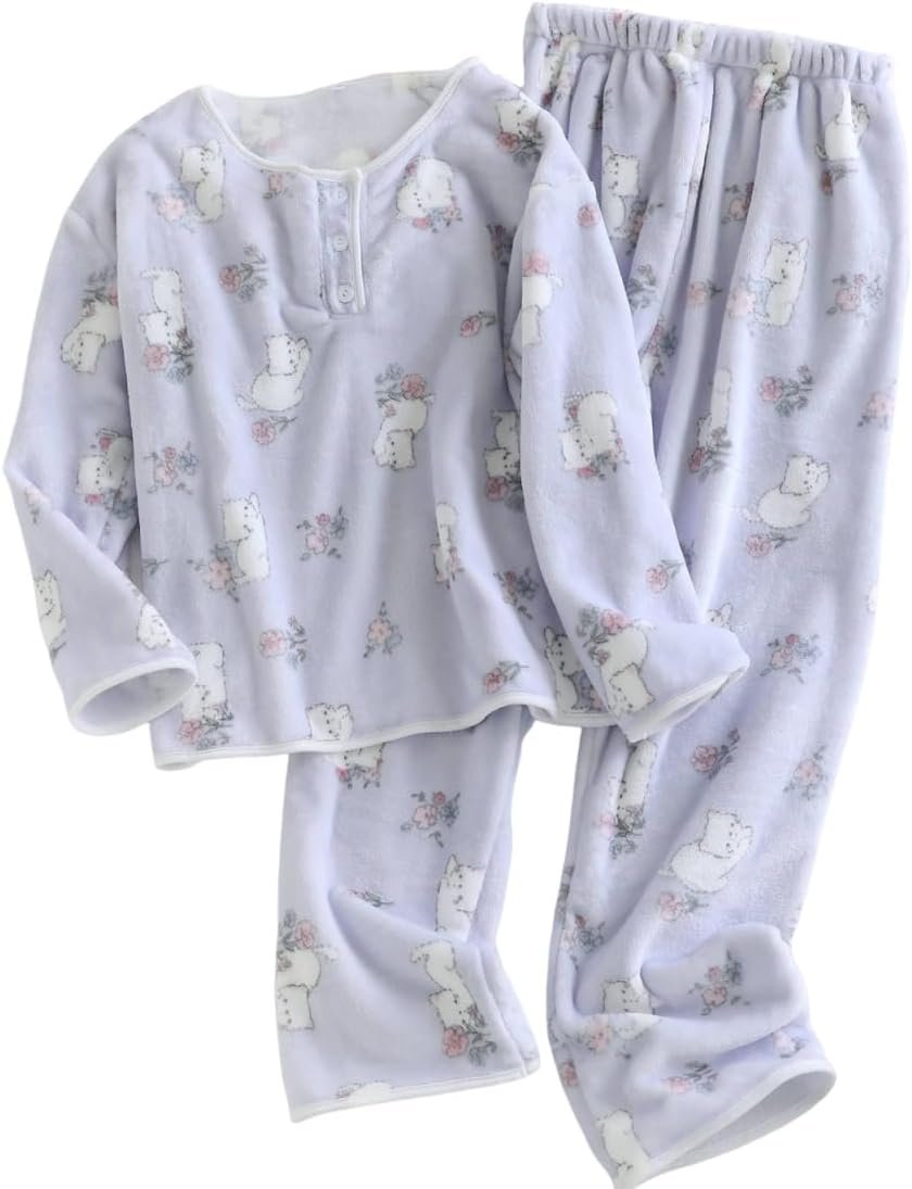 Women's Fleece Two Piece Pajama Set with Printed Sleepwear Top