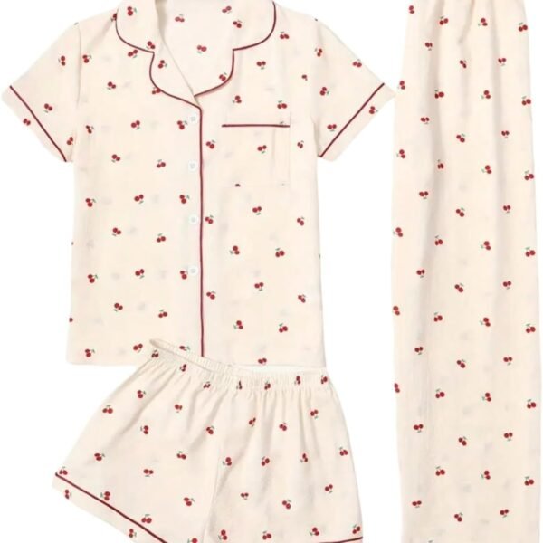 Women's Three Piece Bow Button Down Pajama Set with Shorts and Pants