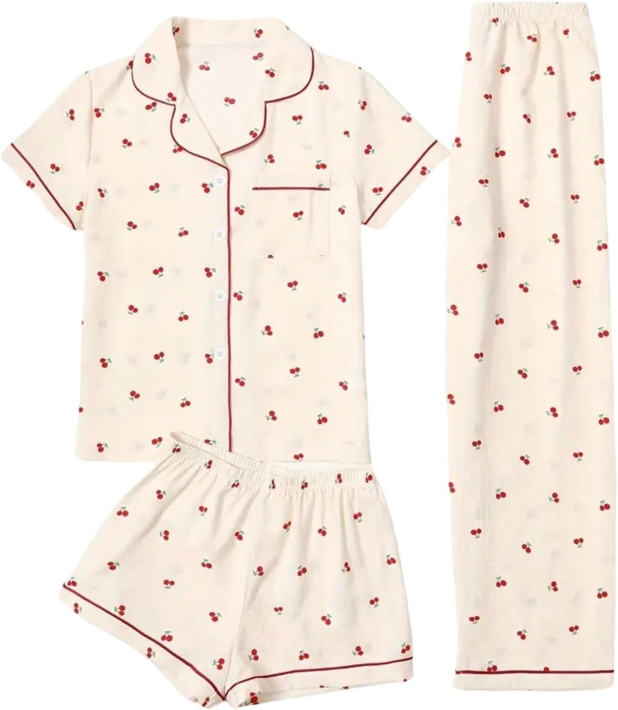Women's Three Piece Bow Button Down Pajama Set with Shorts and Pants
