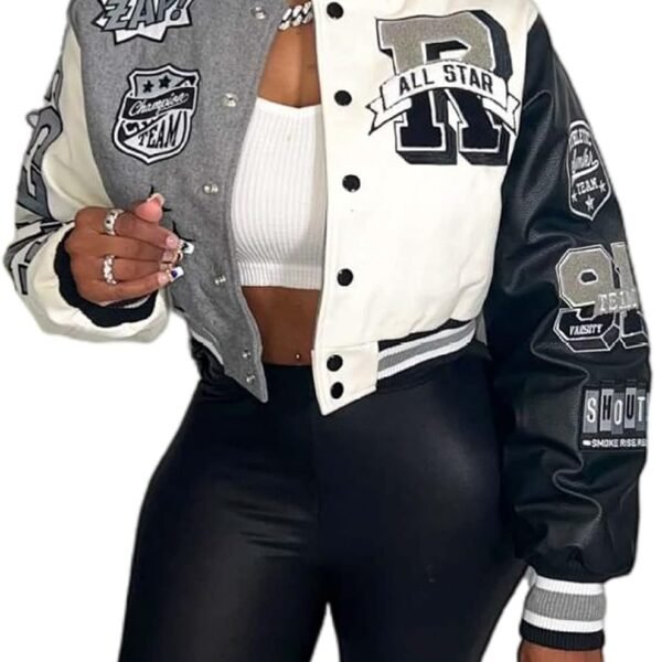 Cropped Varsity Bomber Jacket with Letter Patchwork