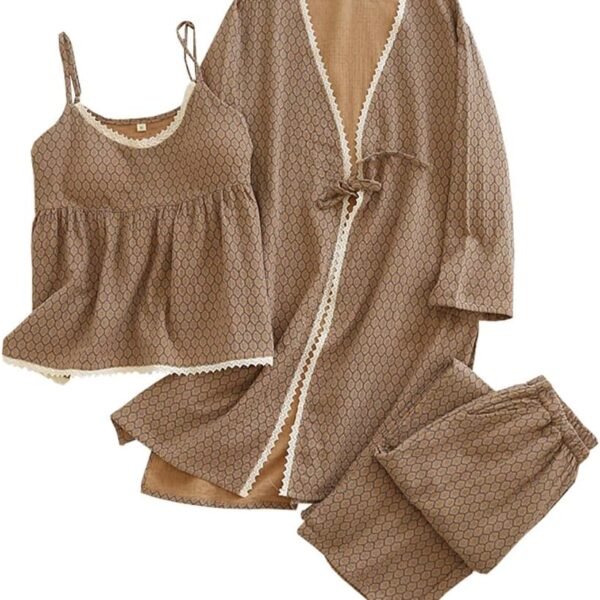 Women's Three Piece Traditional Inspired Pajama Set with Long Robe