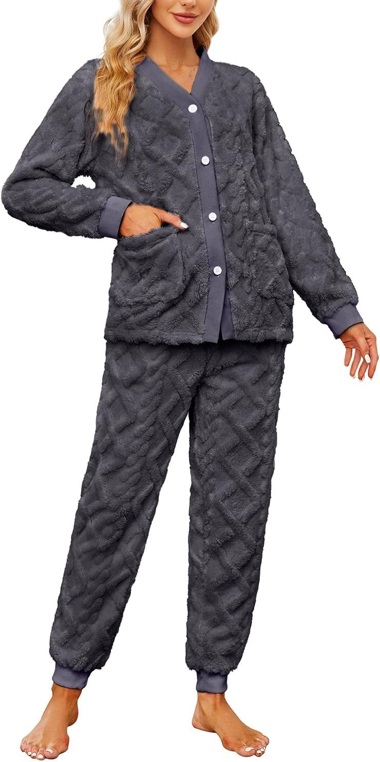 Women's Fuzzy Long Sleeve Pajama Set with Pockets