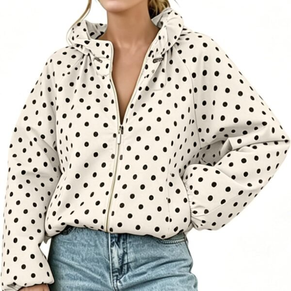 Zip Up Cropped Bomber Jacket with Polka Dot Print
