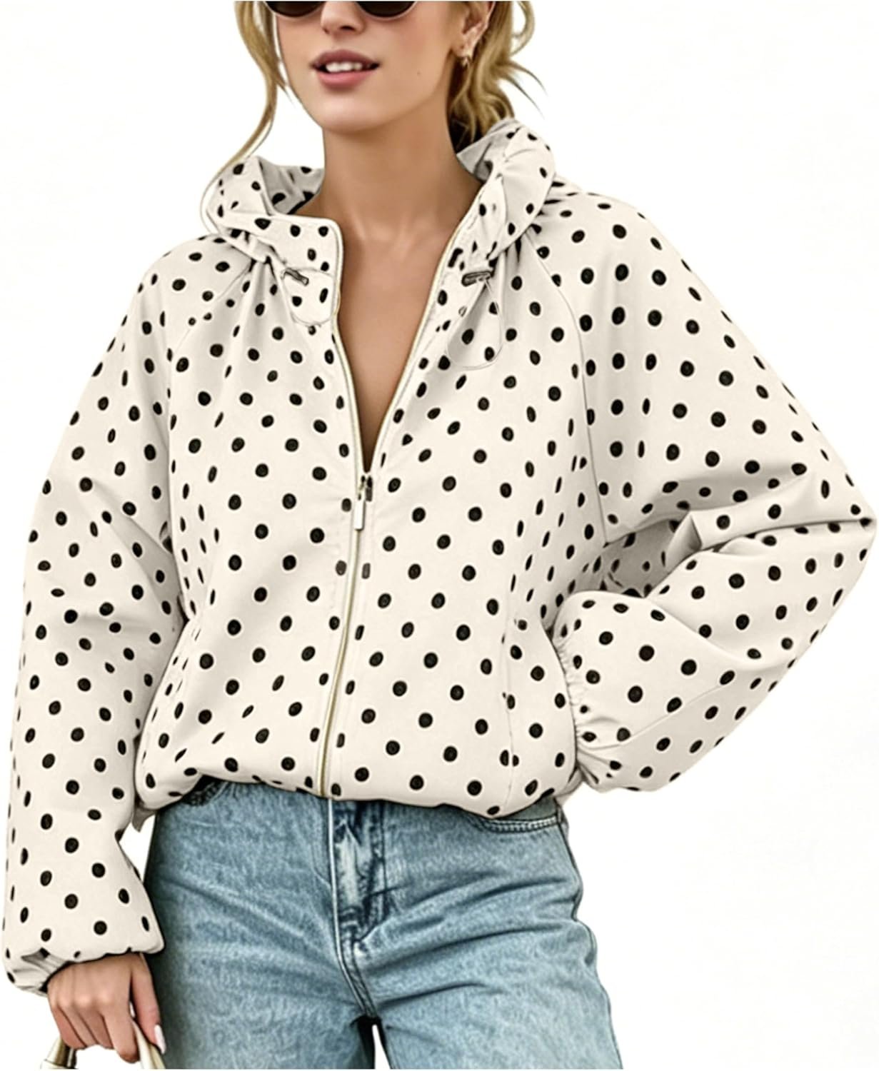Zip Up Cropped Bomber Jacket with Polka Dot Print
