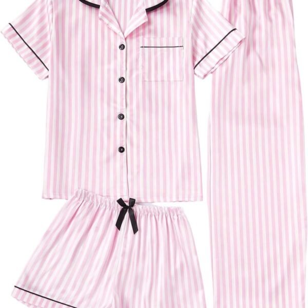 Women's Three Piece Striped Satin Button Down Pajama Set
