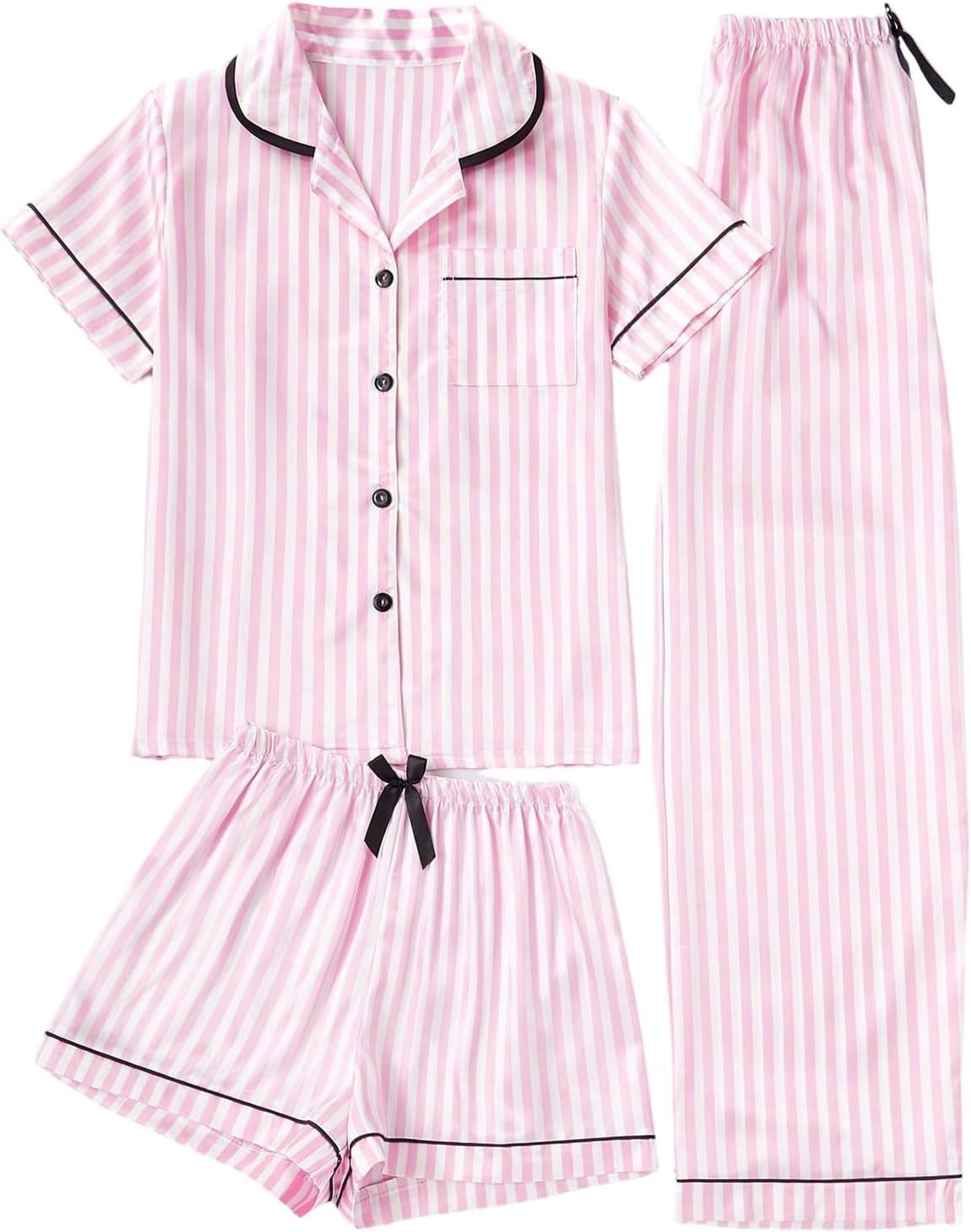 Women's Three Piece Striped Satin Button Down Pajama Set