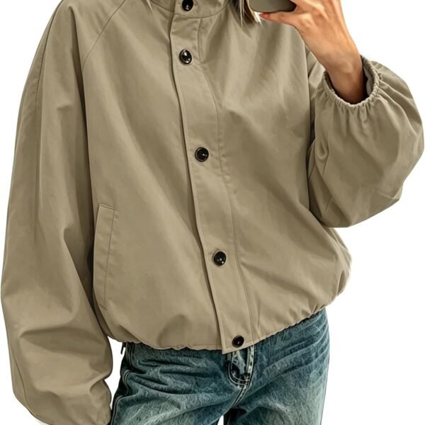 Windproof Bomber Jacket with High Neck and Balloon Sleeves