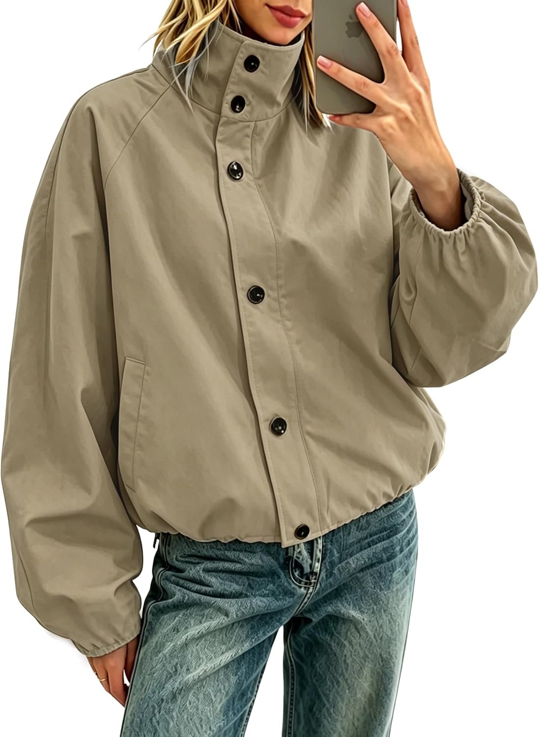 Windproof Bomber Jacket with High Neck and Balloon Sleeves