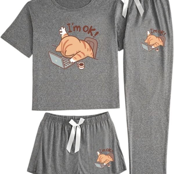Women's Three Piece Cat Print Pajama Set with Shorts and Long Pants