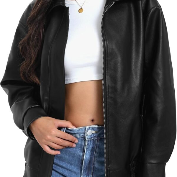 Faux Leather Bomber Jacket with Lapel Collar