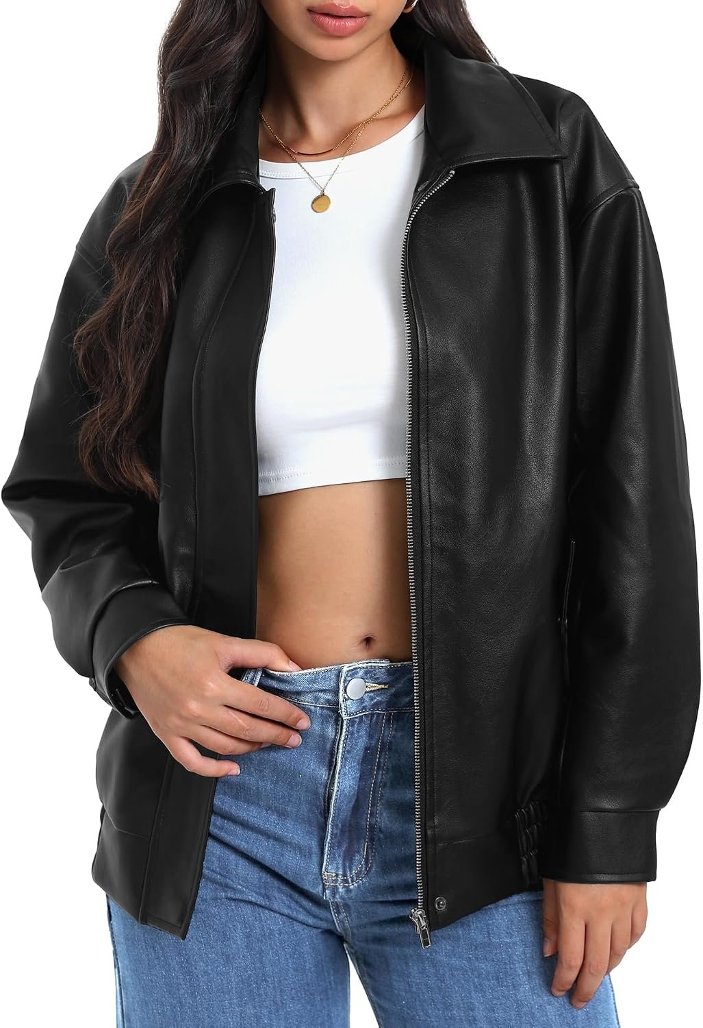 Faux Leather Bomber Jacket with Lapel Collar