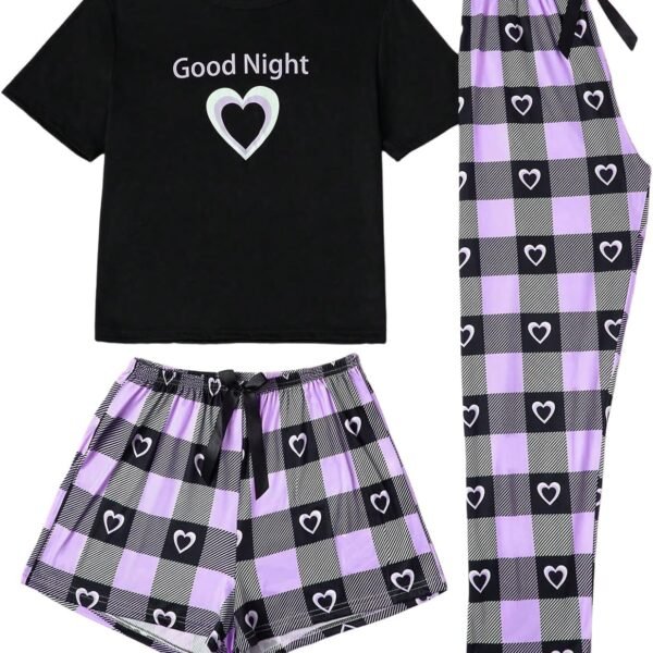 Women's Three Piece Plaid Print Pajama Set with Tee and Lounge Bottoms