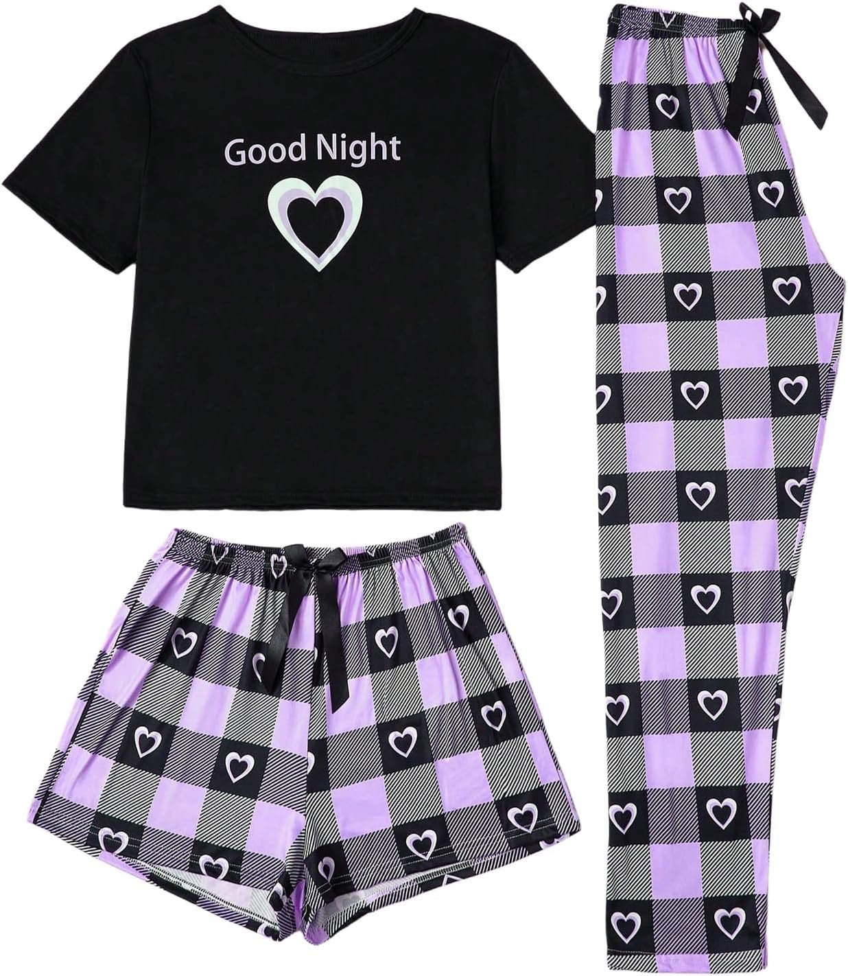 Women's Three Piece Plaid Print Pajama Set with Tee and Lounge Bottoms
