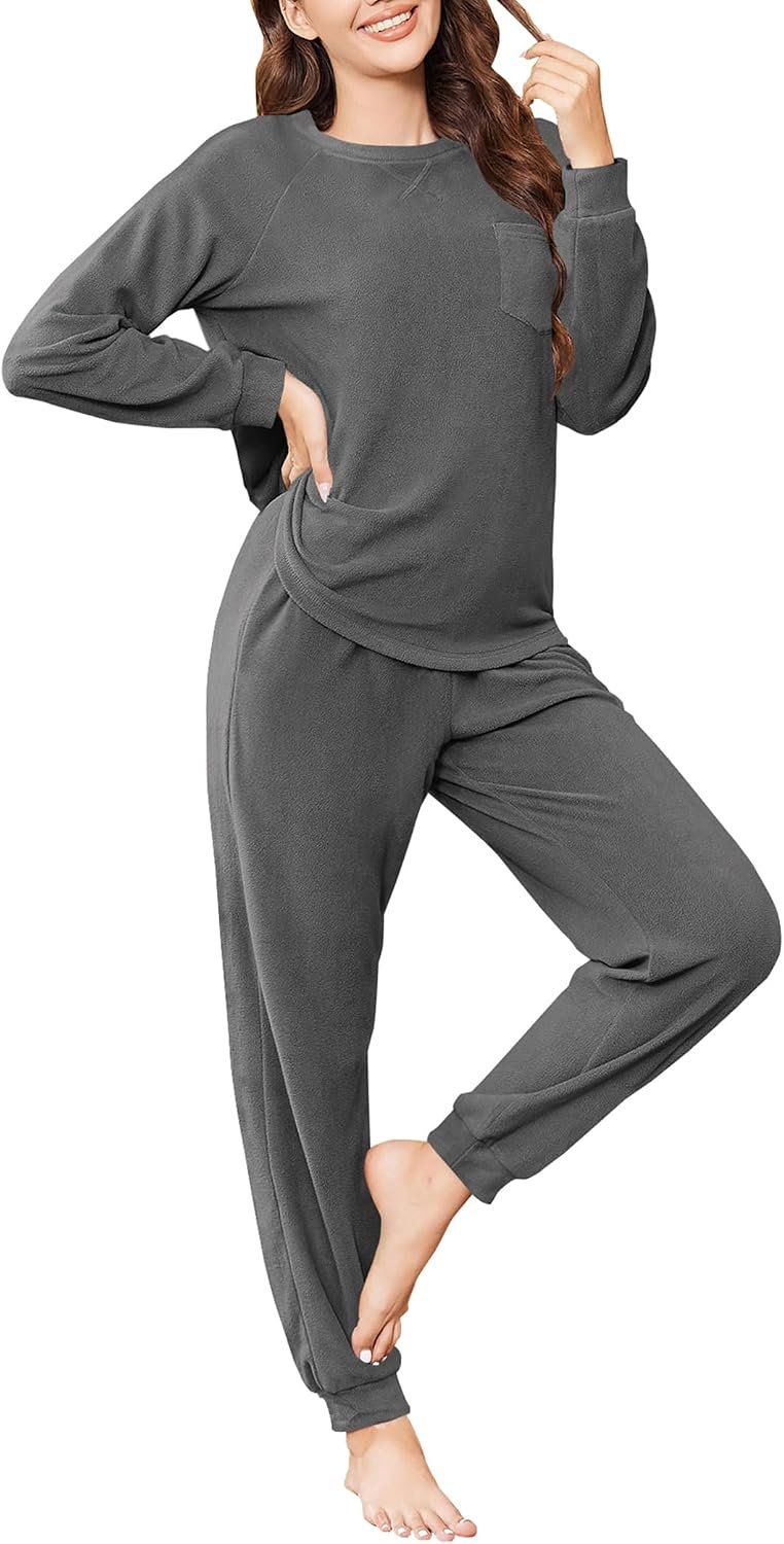 Women's Fuzzy Fleece Long Sleeve Jogger Pajama Set with Pockets