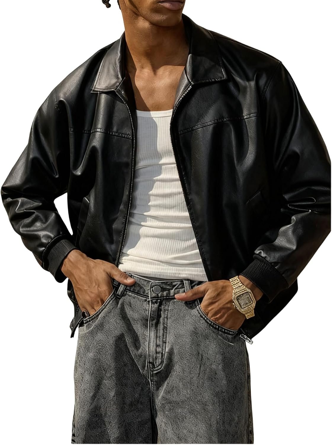 Vintage Racing Leather Bomber Jacket with Full Zip