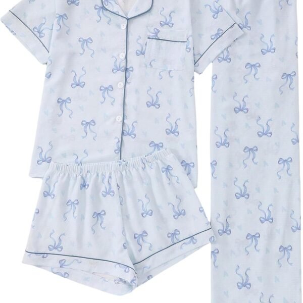 Women's Three Piece Printed Short Sleeve Pajama Set with Shorts and Pants