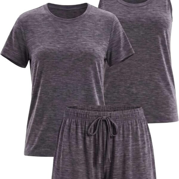 Women's Three Piece Crew Neck Top and Tank Pajama Set with Shorts