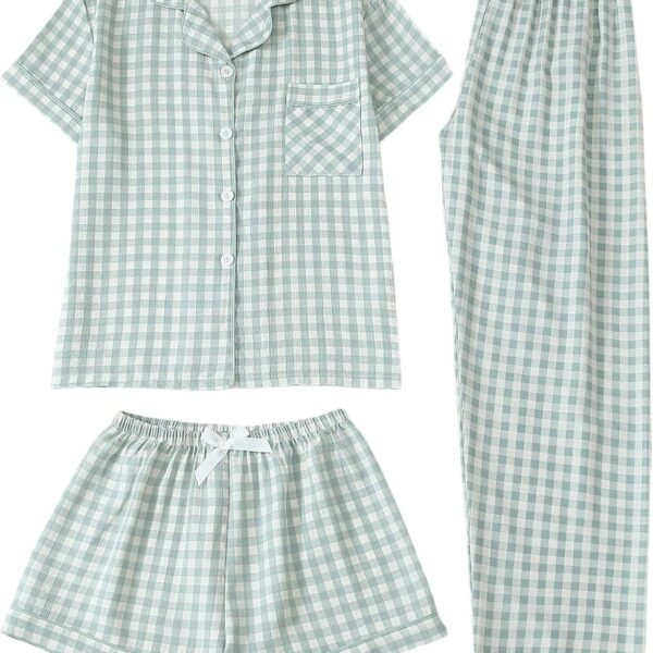 Women's Three Piece Gingham Pajama Set with Button Down Shirt and Bottoms