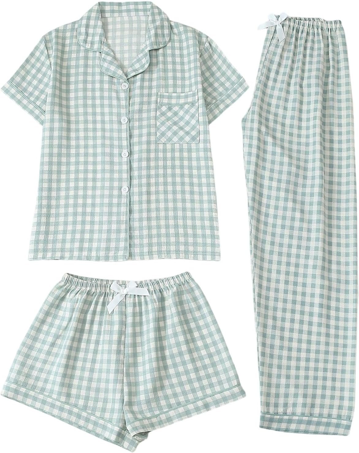 Women's Three Piece Gingham Pajama Set with Button Down Shirt and Bottoms