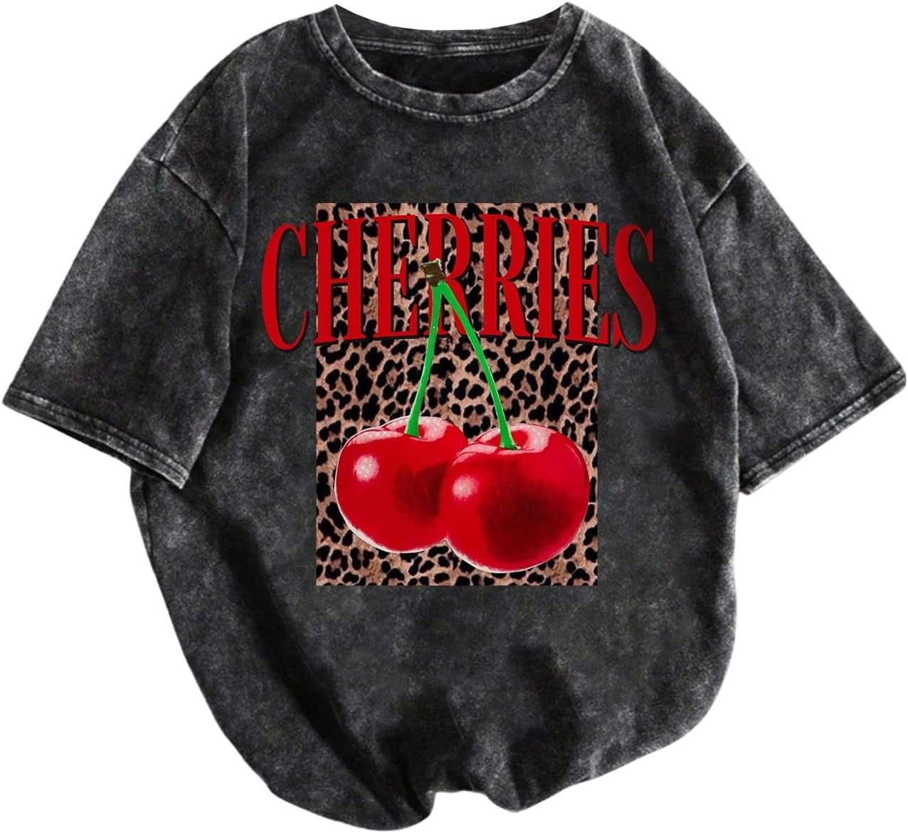 Graphic T Shirt with Leopard and Cherry Print