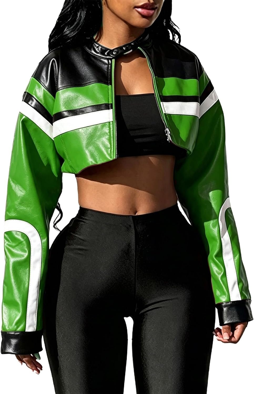 Faux Leather Biker Bomber Jacket with Zipper Closure