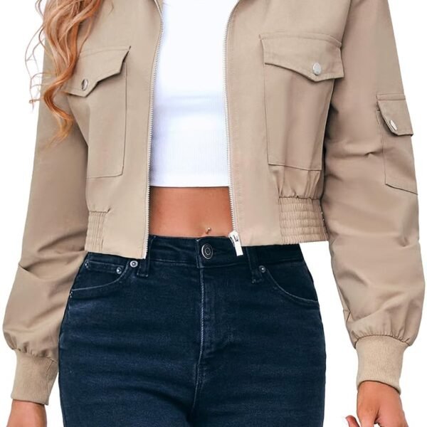 Cropped Utility Bomber Jacket with Front Pockets