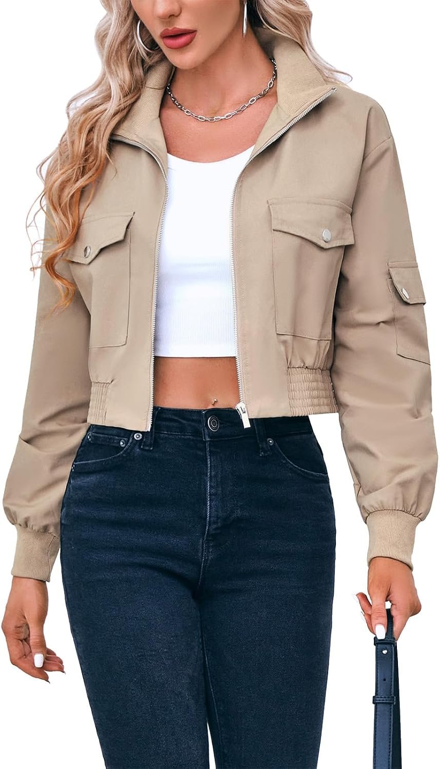 Cropped Utility Bomber Jacket with Front Pockets