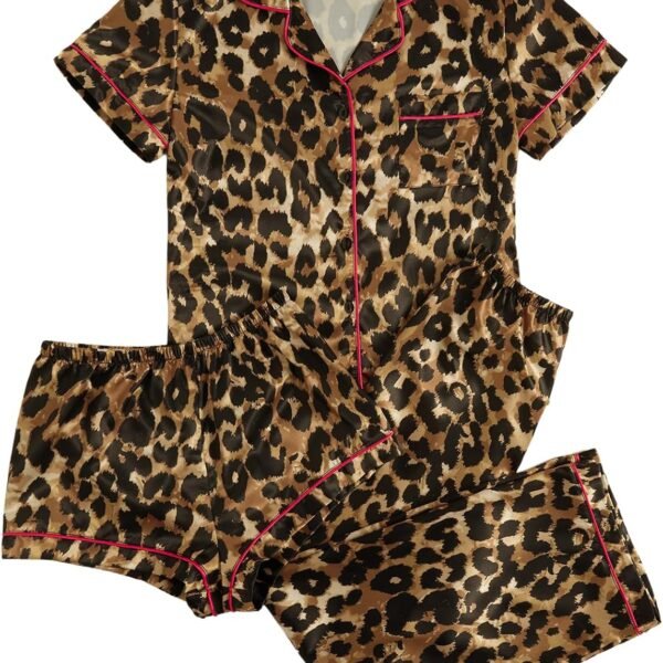 Women's Three Piece Animal Print Pajama Set with Shorts and Long Pants