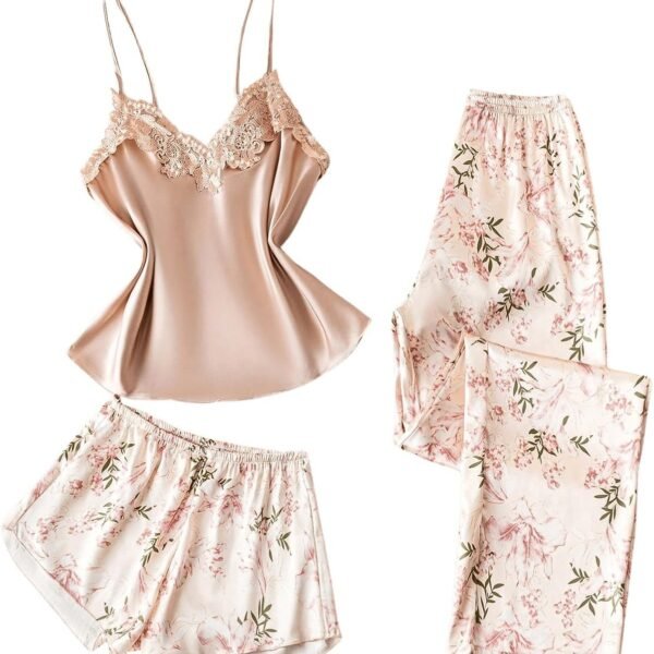 Women's Three Piece Satin Pajama Set with Lace Cami and Floral Bottoms