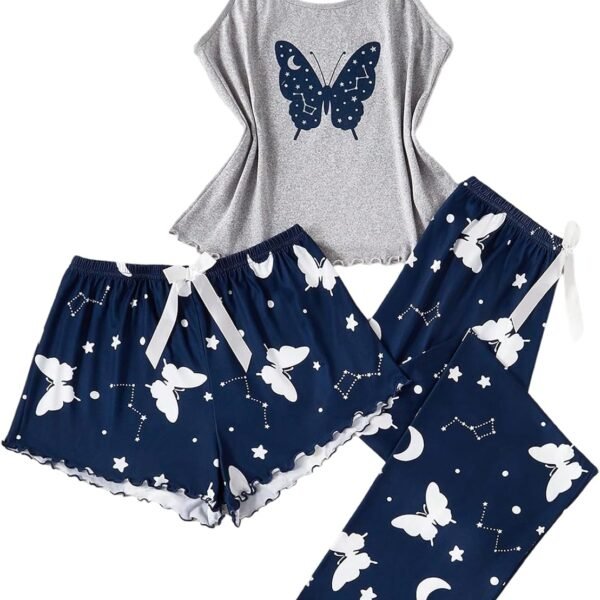 Women's Three Piece Printed Cami Pajama Set with Shorts and Pants