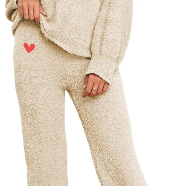 Women's Fuzzy Fleece Pajama Set with Heart Detail and Matching Pants
