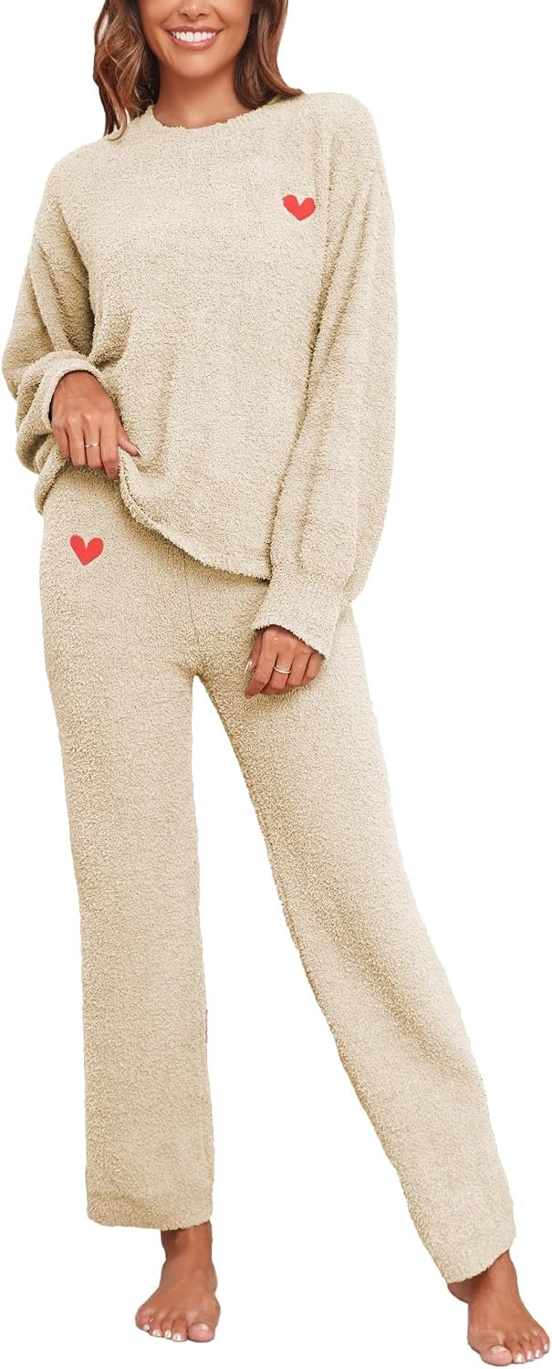 Women's Fuzzy Fleece Pajama Set with Heart Detail and Matching Pants
