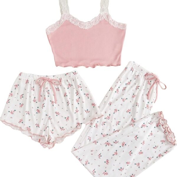 Women's Three Piece Floral Lace Cami Pajama Set with Shorts and Pants
