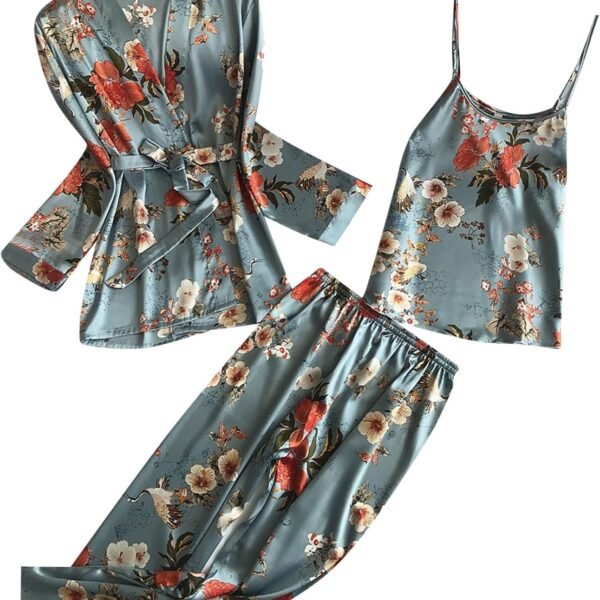 Women's Three Piece Floral Satin Cami Pajama Set with Robe and Pants