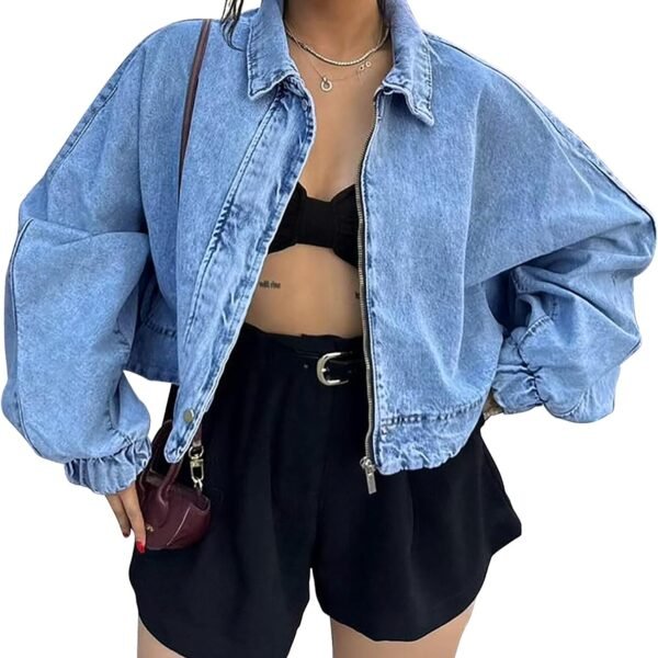 Oversized Cropped Denim Bomber Jacket with Zip Up Design