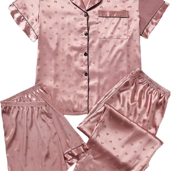 Women's Three Piece Satin Button Down Pajama Set with Shorts and Pants