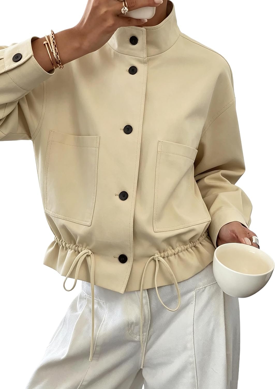 Funnel Neck Bomber Jacket with Button Front