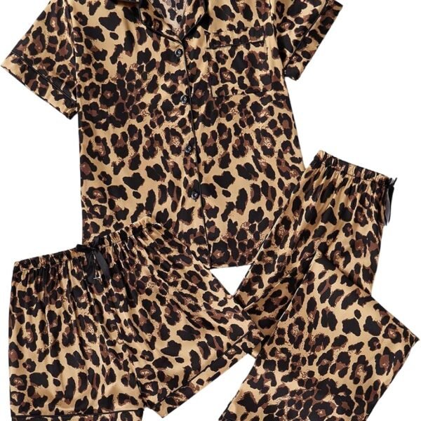 Women's Three Piece Printed Button Down Pajama Set with Shorts and Pants
