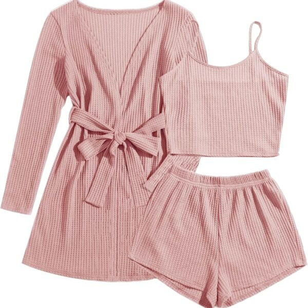 Women's Three Piece Waffle Knit Pajama Set with Tank and Cardigan