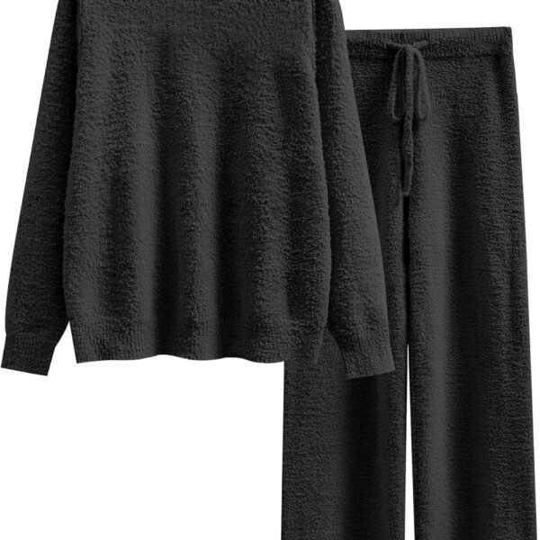 Women's Fuzzy Fleece Long Sleeve and Wide Leg Pants Pajama Set