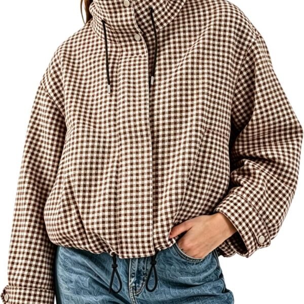 Gingham Bomber Jacket with Funnel Neck