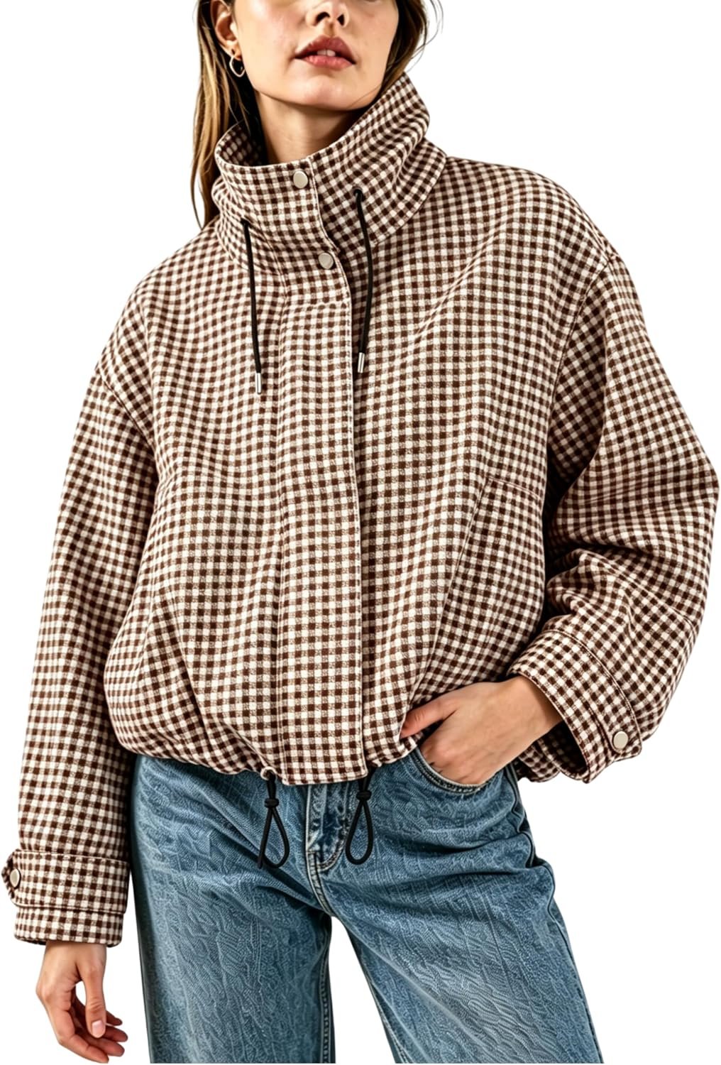Gingham Bomber Jacket with Funnel Neck