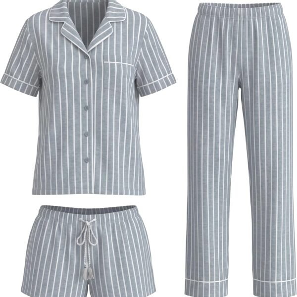 Women's Three Piece Short Sleeve Pajama Set with Shorts and Pants