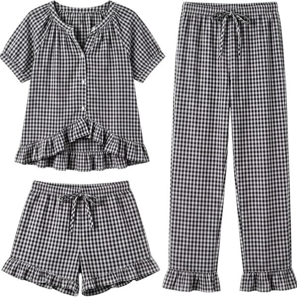 Women's Three Piece Gingham Pajama Set with Ruffle Top and Shorts
